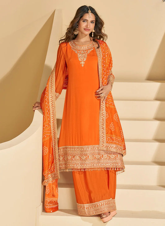 Orange Chinon Silk Sharara Suit With Dupatta For Indian Wedding