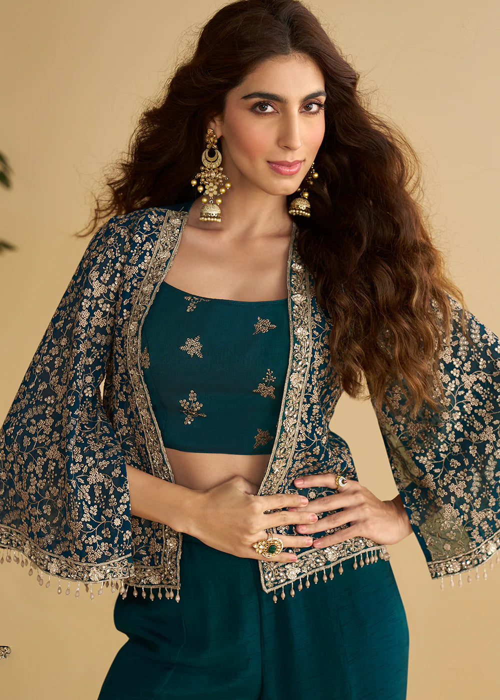 Designer Jacket Style Teal Green Georgette Silk Indo-Western Style Co-Ord Set
