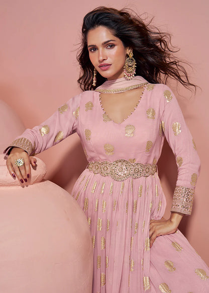 Dusty Pink Jacquard Silk Anarkali Gown For Indian Wedding and Pakistani Party Wear