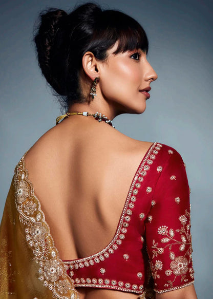Party Wear Mustard Yellow Silk Saree with Zari Embroidery & Red Blouse