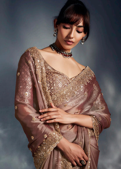 Designer Coffee Brown Silk Saree with Golden Embroidery