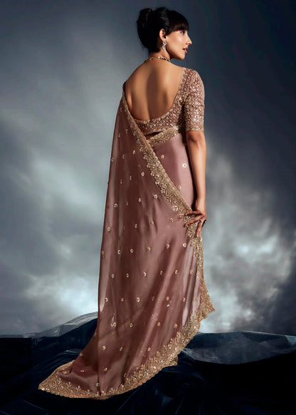 Designer Coffee Brown Silk Saree with Golden Embroidery