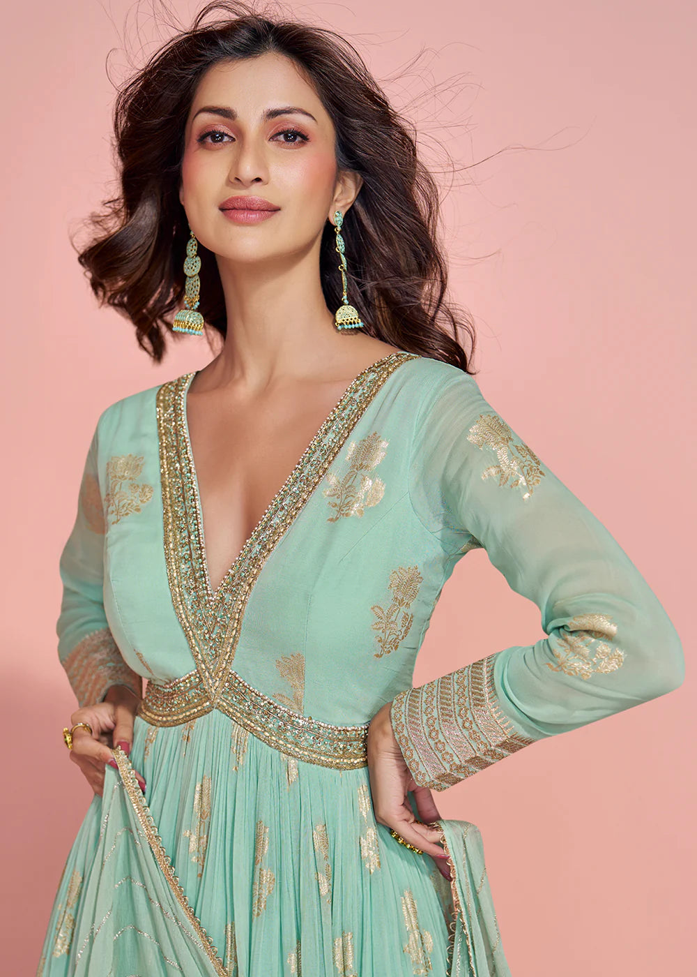 Mint Green Jacquard Silk Anarkali Gown For Indian Wedding and Pakistani Party Wear