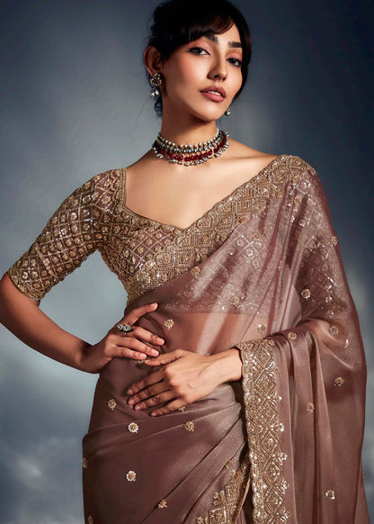 Designer Coffee Brown Silk Saree with Golden Embroidery