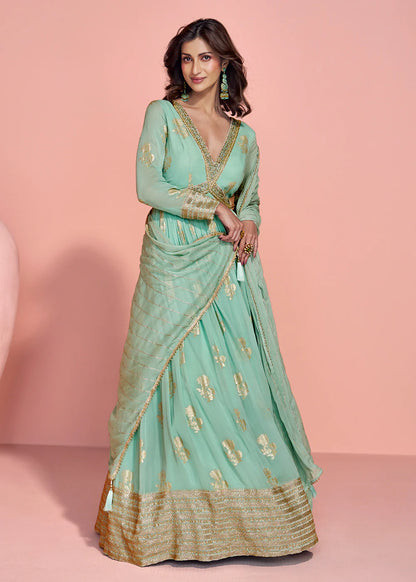 Mint Green Jacquard Silk Anarkali Gown For Indian Wedding and Pakistani Party Wear