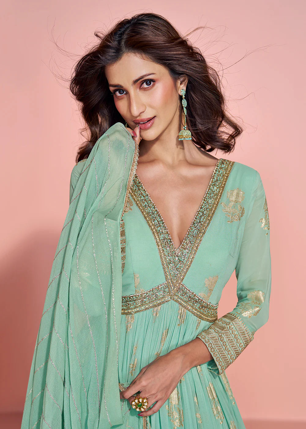 Mint Green Jacquard Silk Anarkali Gown For Indian Wedding and Pakistani Party Wear