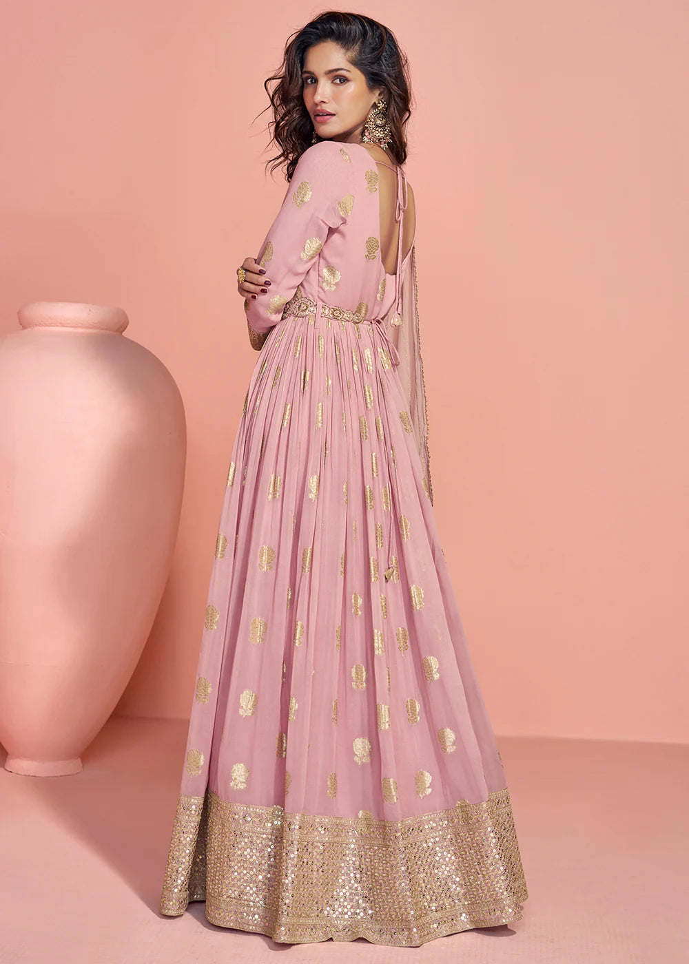 Dusty Pink Jacquard Silk Anarkali Gown For Indian Wedding and Pakistani Party Wear