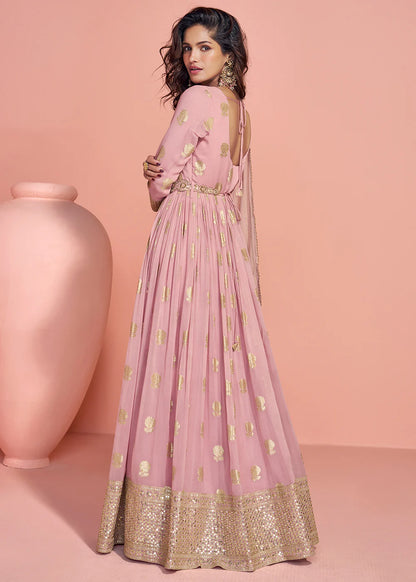 Dusty Pink Jacquard Silk Anarkali Gown For Indian Wedding and Pakistani Party Wear