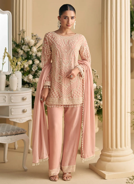 Peach Georgette Embroidered Pant Style Suit With Dupatta For Indian Wedding and Pakistani Festival