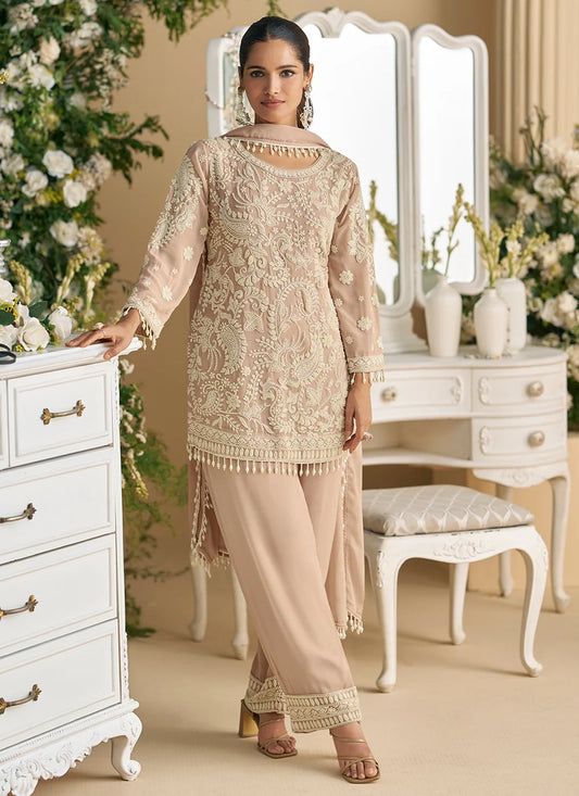 Beige Georgette Embroidered Pant Style Suit With Dupatta For Indian Wedding and Pakistani Festival