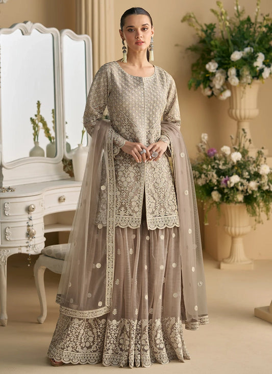 Grey Georgette Embroidered Palazzo Suit With Dupatta For Indian Wedding and Pakistani Festival