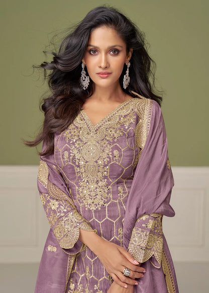Lavender Simar Silk Sharara Suit with Dupatta For Indian Wedding and Pakistani Festival