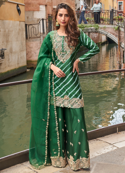Bottle Green Chinon Sharara Suit with Embroidery – Pakistani Festive Style