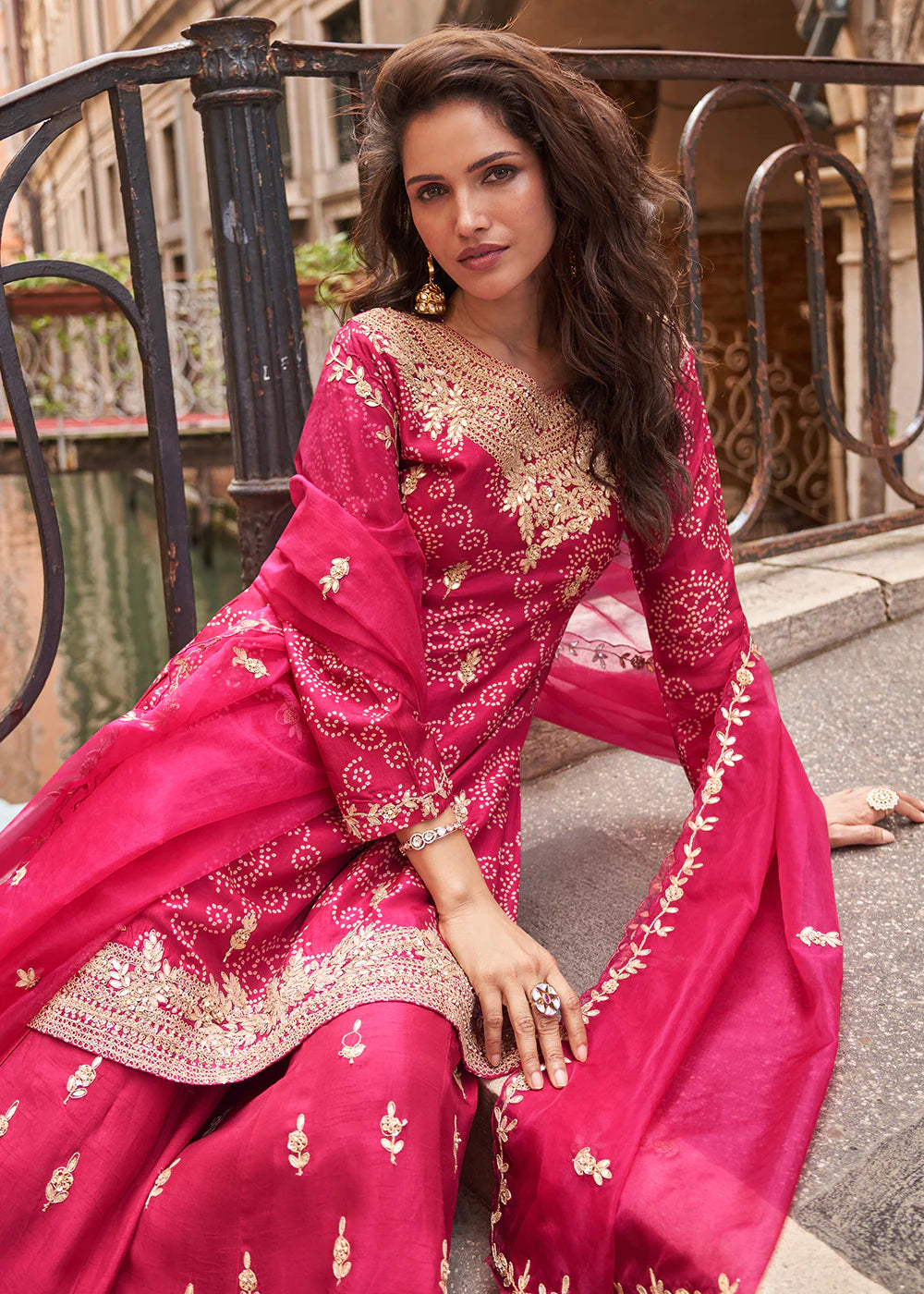 Rani Pink Chinon Embroidered Sharara Set for Weddings & Festive Wear
