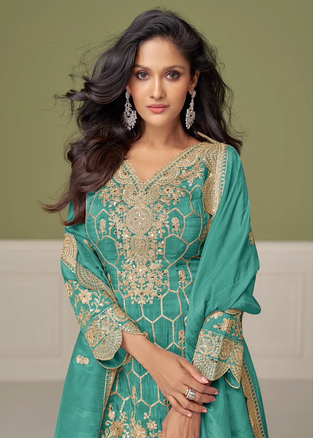 Teal Green Simar Silk Sharara Suit with Dupatta For Indian Wedding and Pakistani Festival