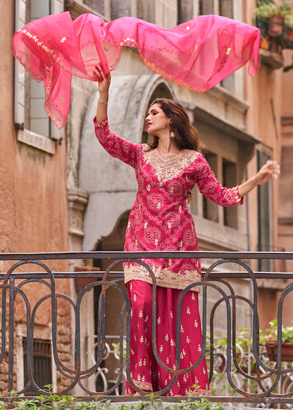 Rani Pink Chinon Embroidered Sharara Set for Weddings & Festive Wear