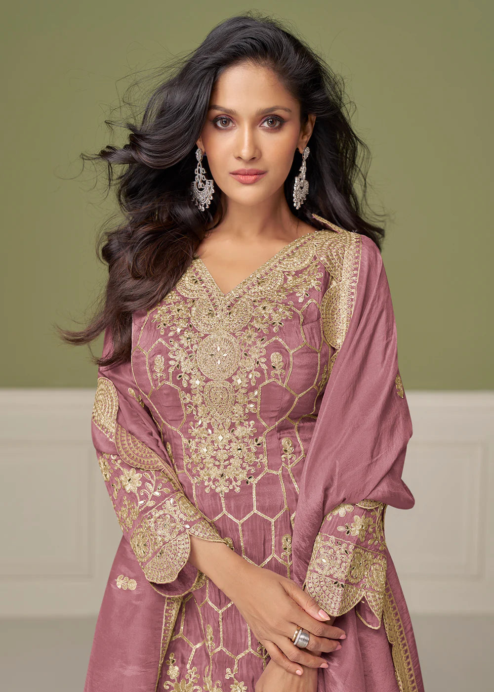 Dusty Pink Simar Silk Sharara Suit with Dupatta For Indian Wedding and Pakistani Festival