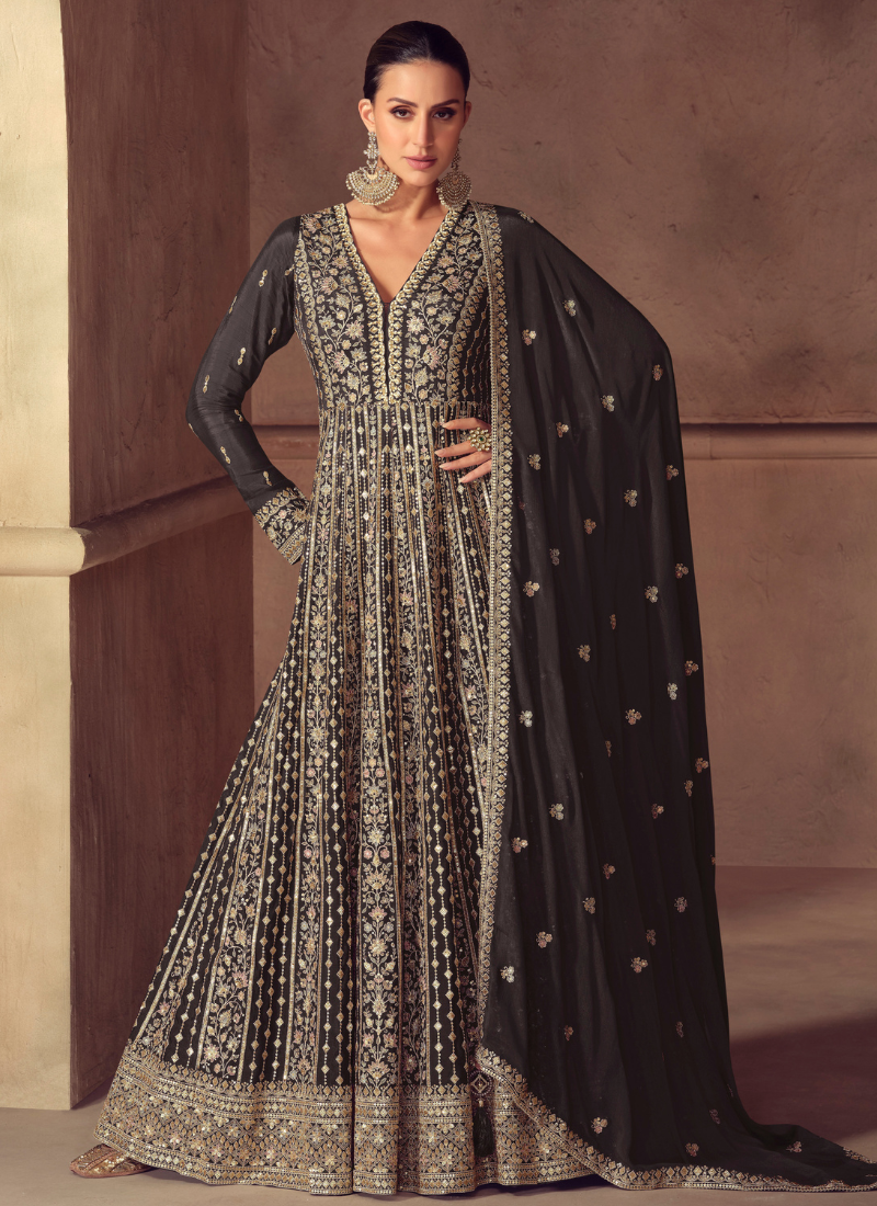 Designer Dark Brown Chinon Anarkali Gown For Party Wear