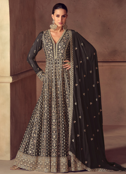Designer Dark Brown Chinon Anarkali Gown For Party Wear