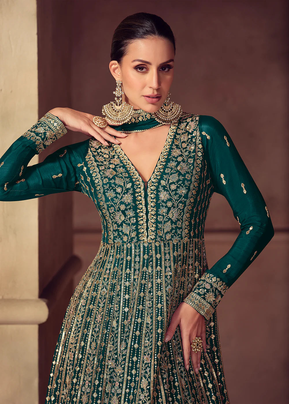 Designer Bottle Green Chinon Anarkali Gown For Indian Wedding and Pakistani Wedding