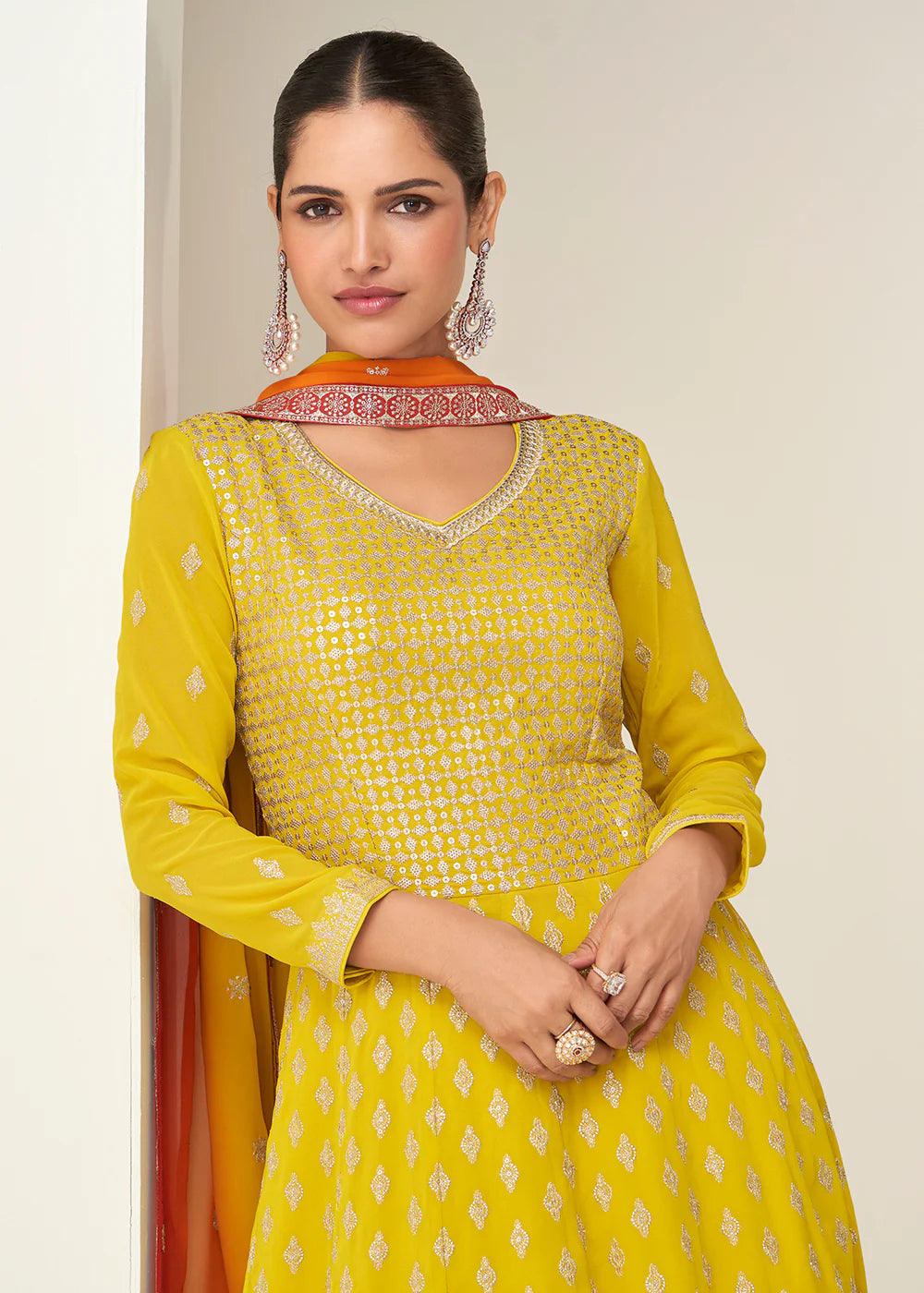 Yellow to Orange Ombre Embroidered Anarkali Gown For Pakistani Wedding and Indian Festival