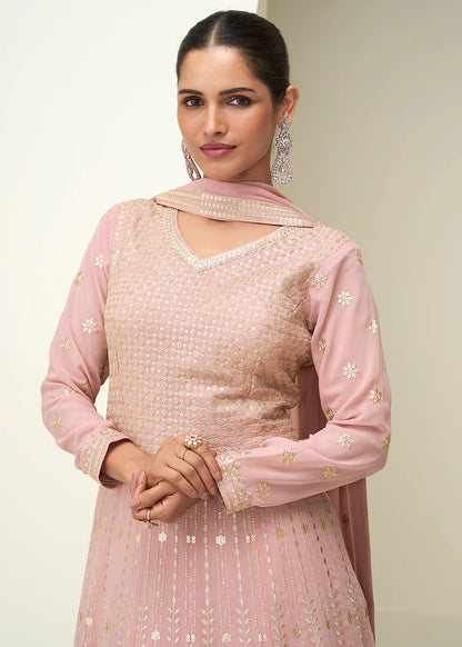 Designer Baby Pink Georgette Anarkali Gown with Embroidery