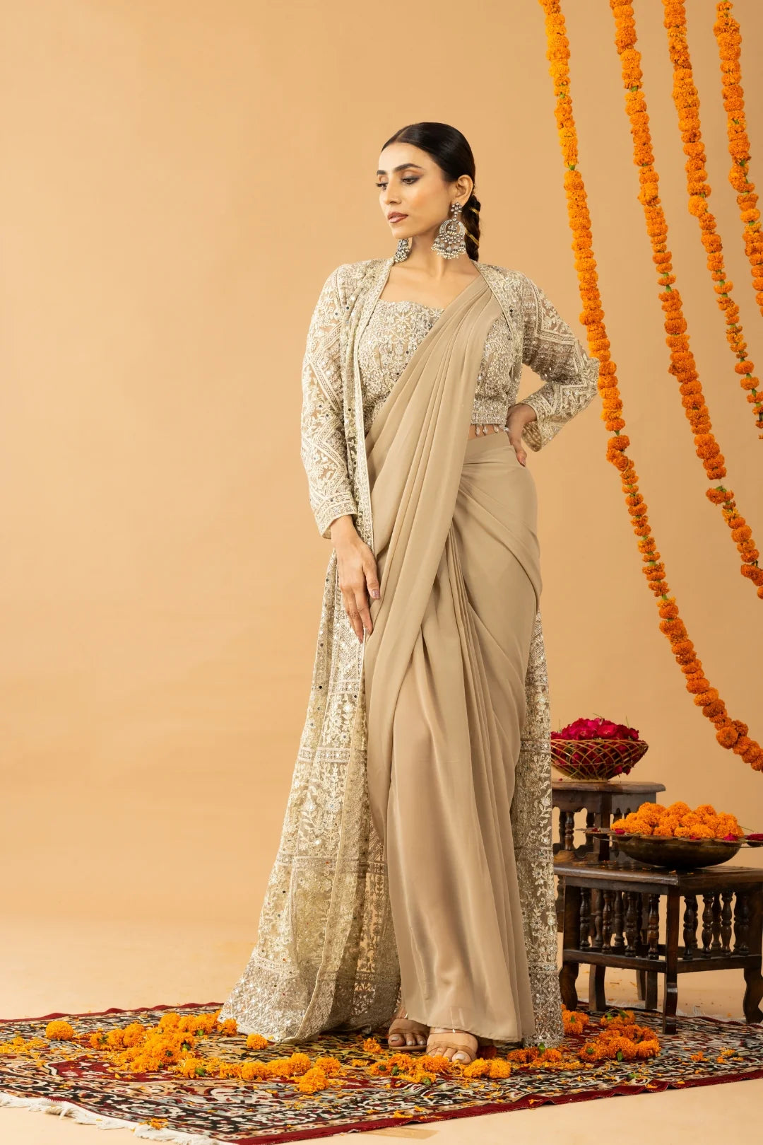 buy beige saree party wear online usa