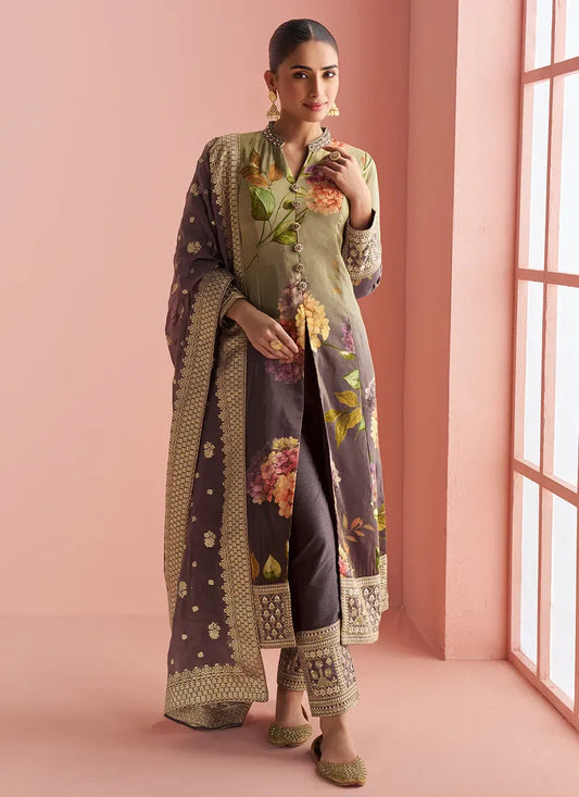 Designer Olive Green & Brown Floral Silk Suit For Indian Wedding