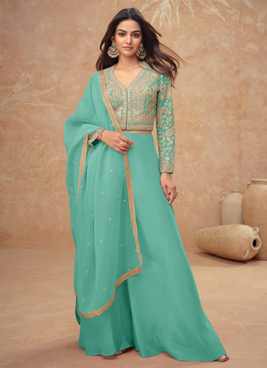 Designer Aqua Teal Embroidered Simar Silk Co-ord Palazzo Set with Dupatta