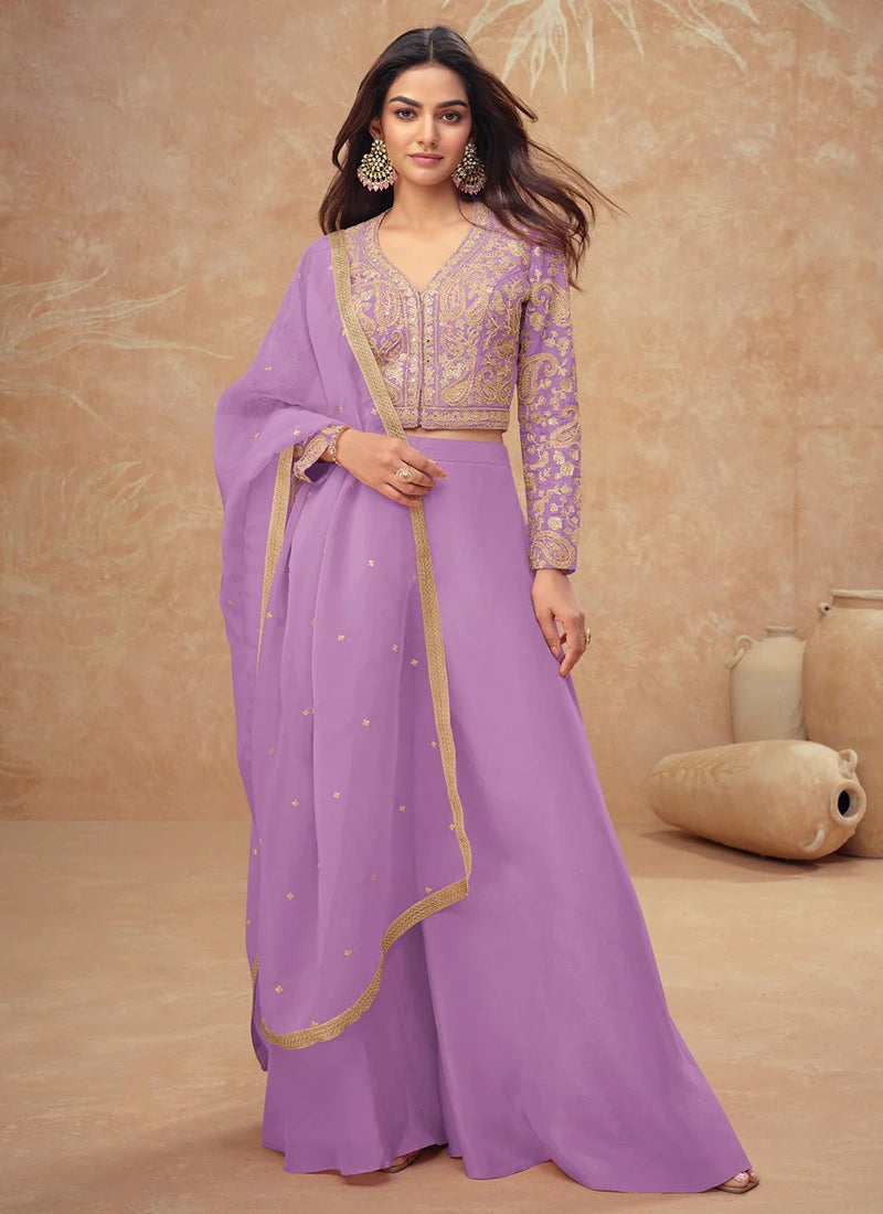 Designer Lavender Embroidered Simar Silk Co-ord Palazzo Set with Dupatta