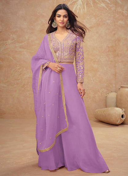 Designer Lavender Embroidered Simar Silk Co-ord Palazzo Set with Dupatta