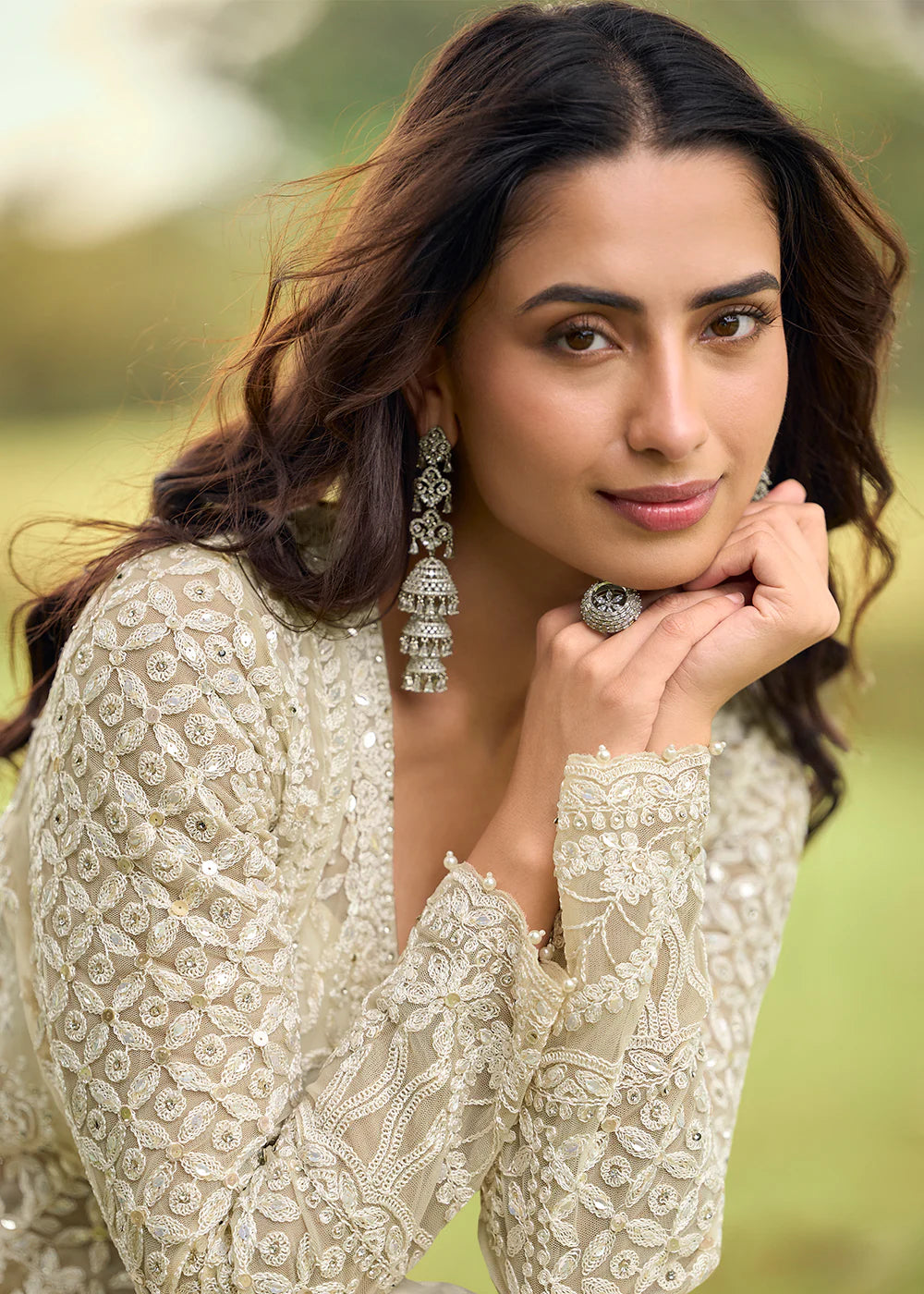 Designer Ivory Embroidered Indo Western Net Palazzo Suit Set