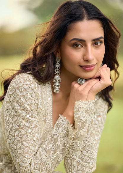 Designer Ivory Embroidered Indo Western Net Palazzo Suit Set