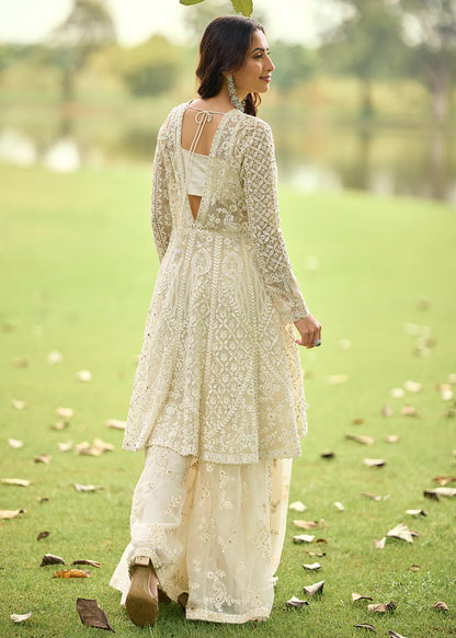 Designer Ivory Embroidered Indo Western Net Palazzo Suit Set
