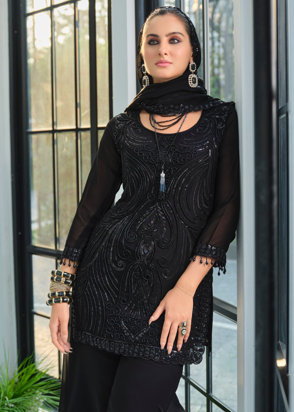 pakistani wedding guest palazzo suit black