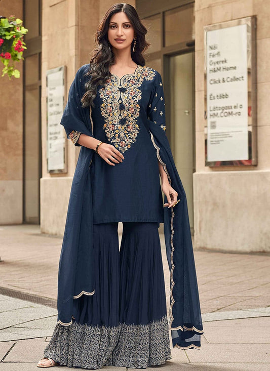 Designer Navy Blue Zari Embroidered Sharara Suit with Sequins Dupatta – Elegant Indian & Pakistani Festive Outfit