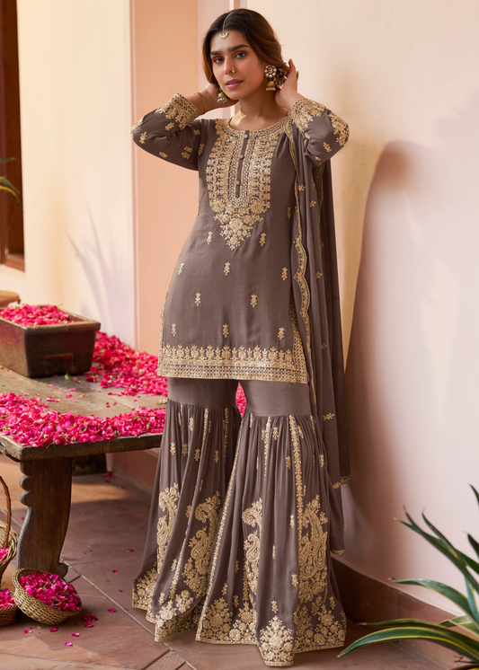 designer brown gharara suit
