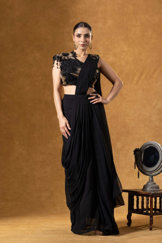designer black one shoulder saree canada