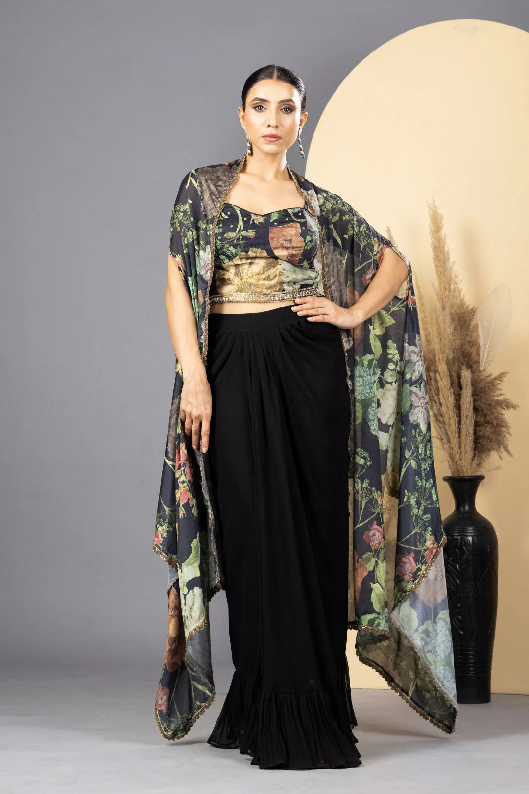 shop black drape skirt choli cape set uk
