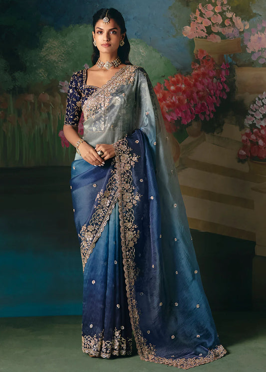 shop blue gray saree indian wedding outfit
