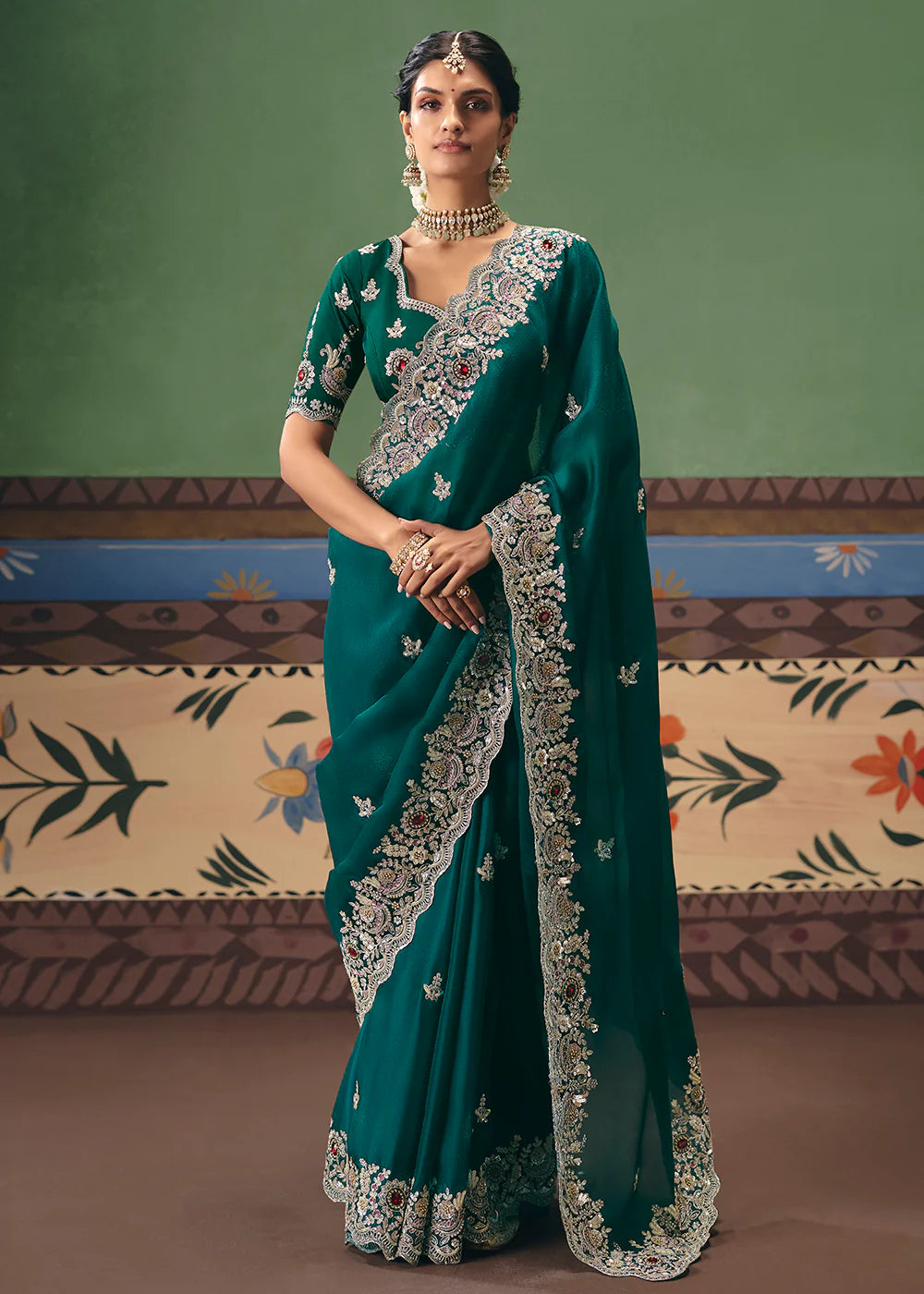 designer green saree with blouse canada
