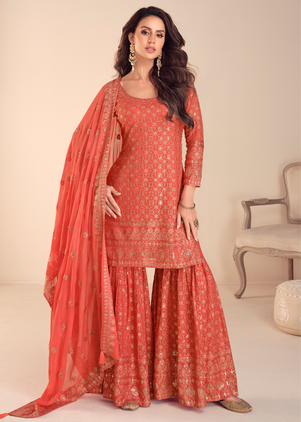 shop coral orange party wear palazzo suit canada