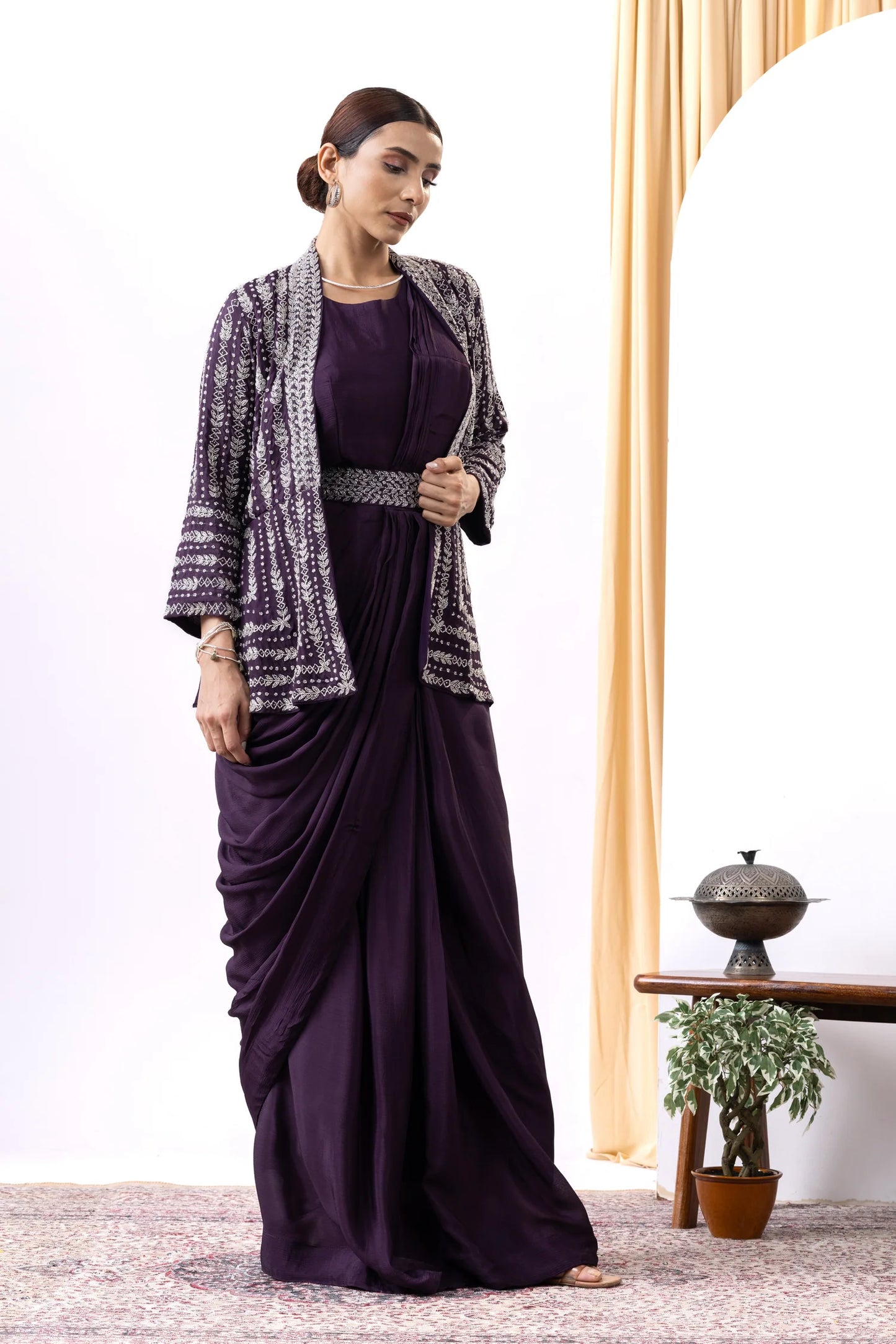 shop designer ethnic wear uk wine draped gown