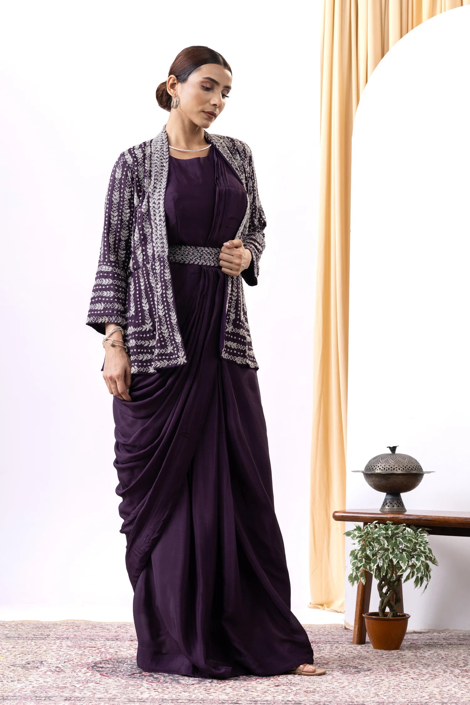 shop designer ethnic wear uk wine draped gown
