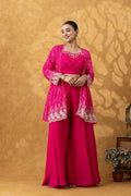 Fuchsia Pink Embroidered Jacket Sharara Set for Sangeet Carnival