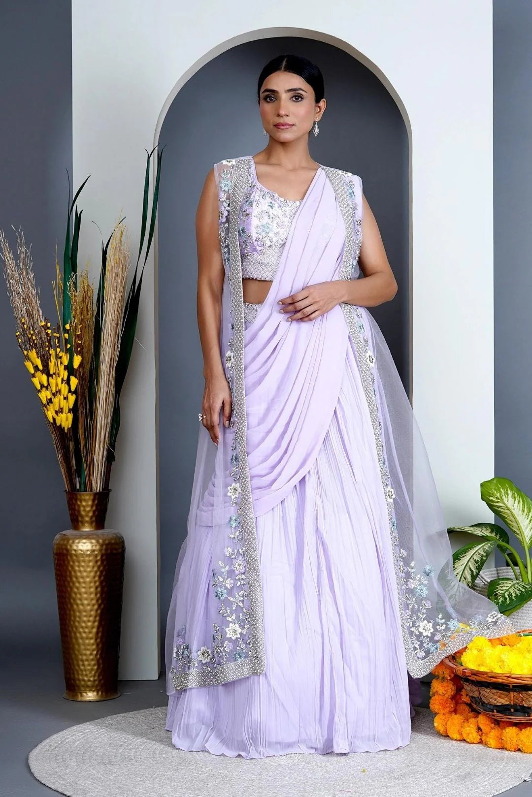 shop lavender jacket style saree ready to wear uk