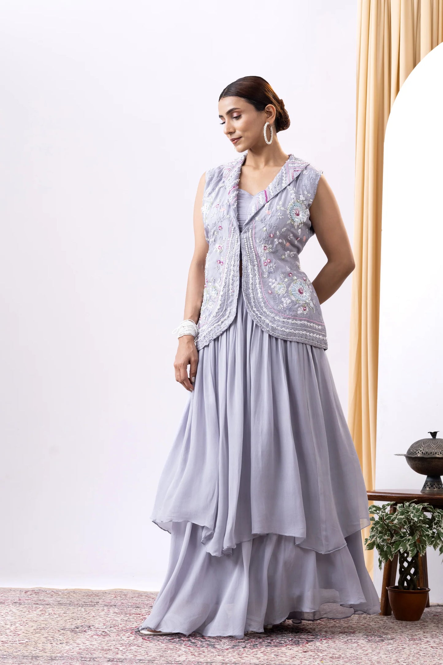 shop layered lehenga with waistcoat uk indian wedding wear
