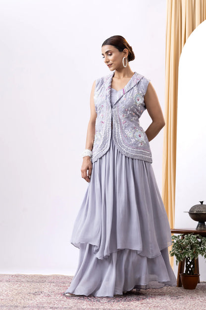 shop layered lehenga with waistcoat uk indian wedding wear