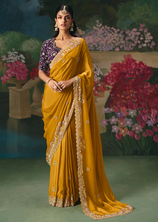 shop mustard saree indian wedding outfit