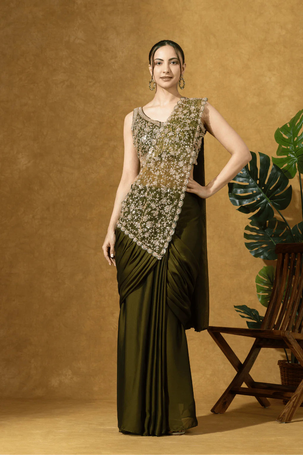 shop olive green bridesmaid saree